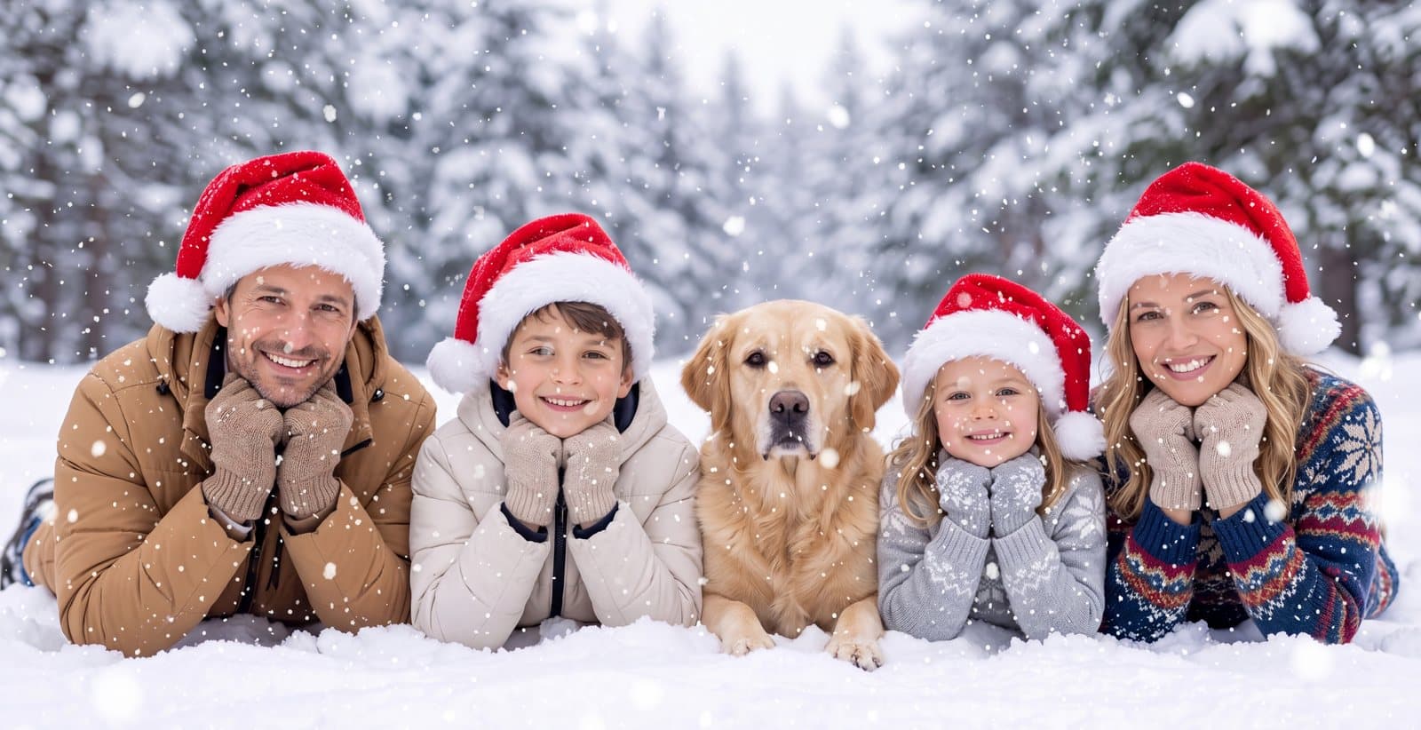 Foto-Weihnachtskarte: eine Familie mit Hund im Schnee