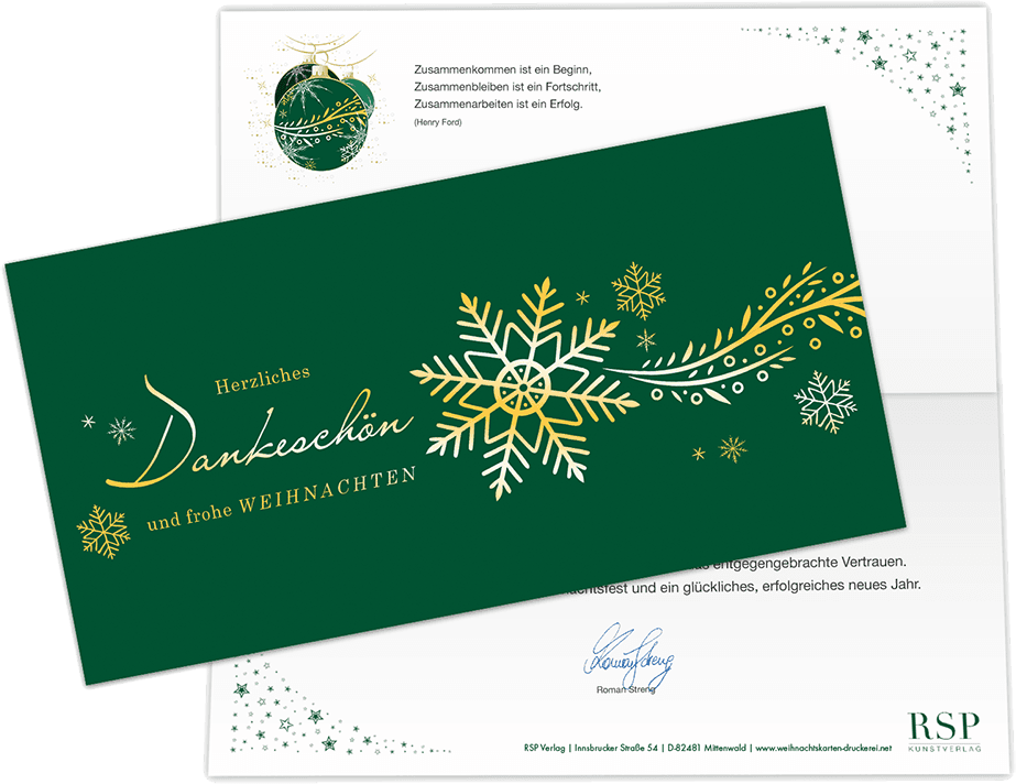 Firmen-Weihnachtskarte in Grün mit goldenem Schneestern und „Herzliches Dankeschön und frohe Weihnachten", dahinter die Innenseite mit Gruß und Unterschrift