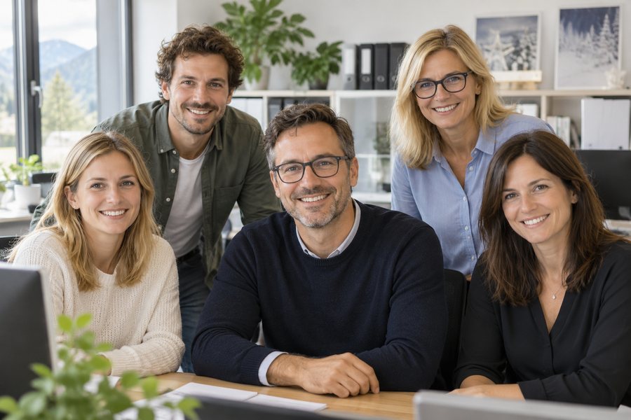Ausgangsfoto: fünf Kolleginnen und Kollegen im Büro
