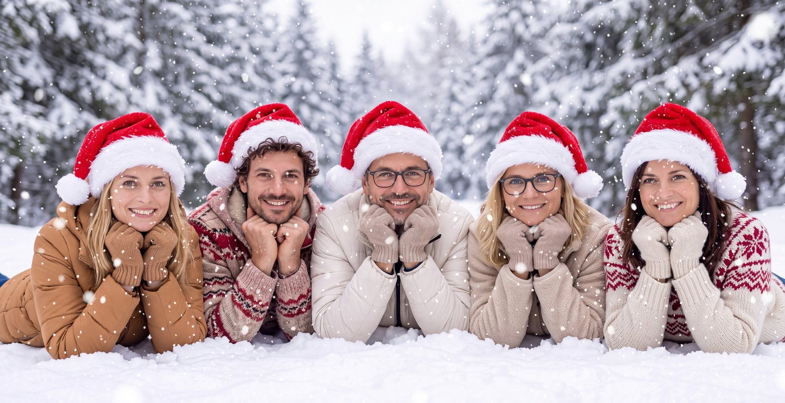 Ergebnis: das Team mit Weihnachtsmützen im Schnee