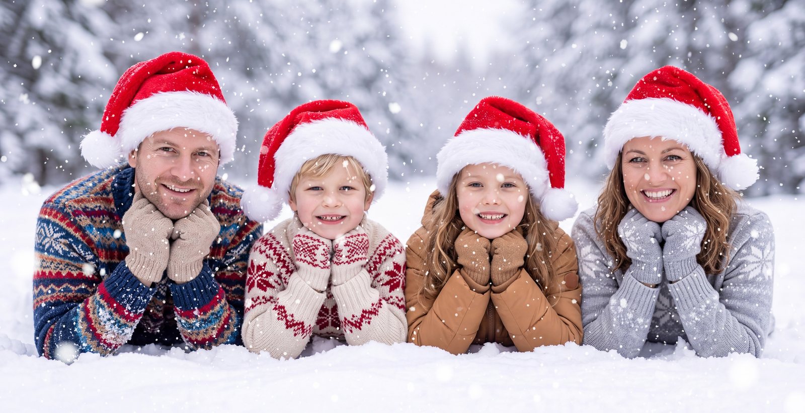 Ergebnis: alle vier gemeinsam mit Weihnachtsmützen im Schnee